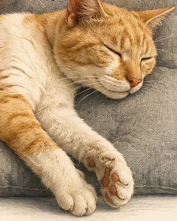 Kater Barney, gezeichnet: rot-weißer Kater, schläft auf einem grauen Kissen
