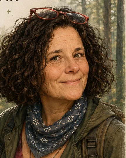 Frau Mondin, gezeichnet: lockiges Haar, rote Brille auf dem Kopf, Bandana und grüne Jacke im Wald