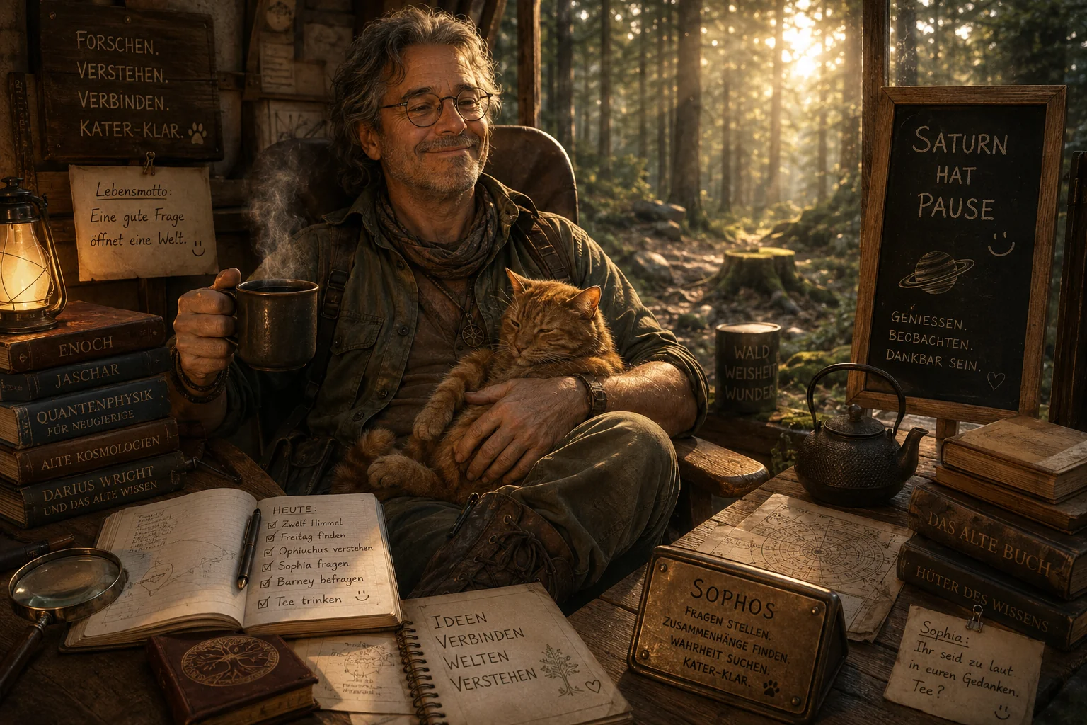 Sophos sitzt in der Waldhütte mit einer dampfenden Tasse, Kater Barney schläft auf seinem Schoß, ringsum Bücherstapel, Notizbücher und eine Laterne.